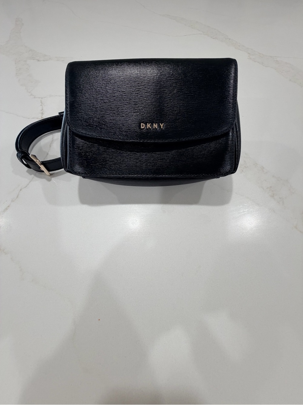 DKNY Black Textured Leather Crossbody bum bag/Belt Bag with Gold Logo